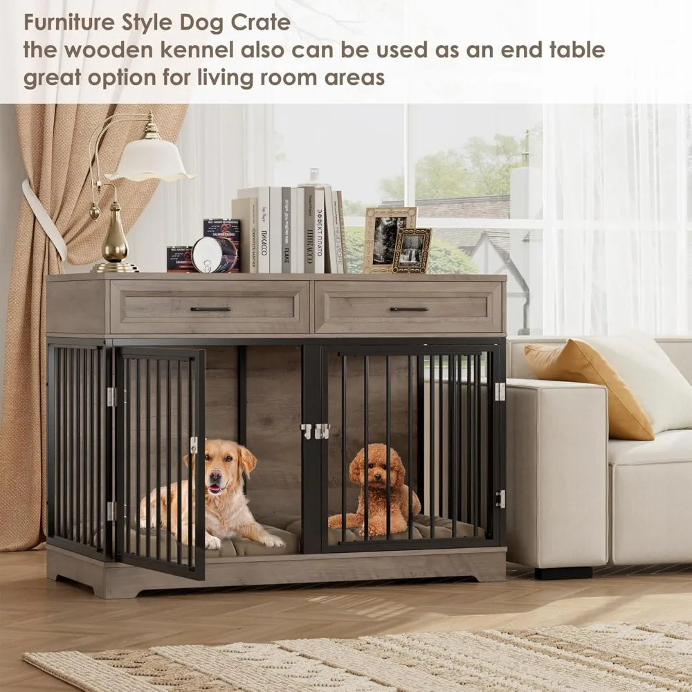 Wooden Dog Crate Furniture 47 Inch Indoor Kennel Drawers