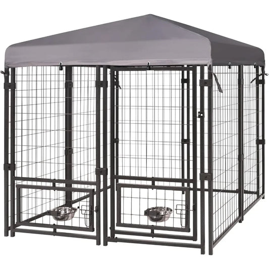 Outdoor Metal Dog Kennel With Roof And Rotating Feeding Door