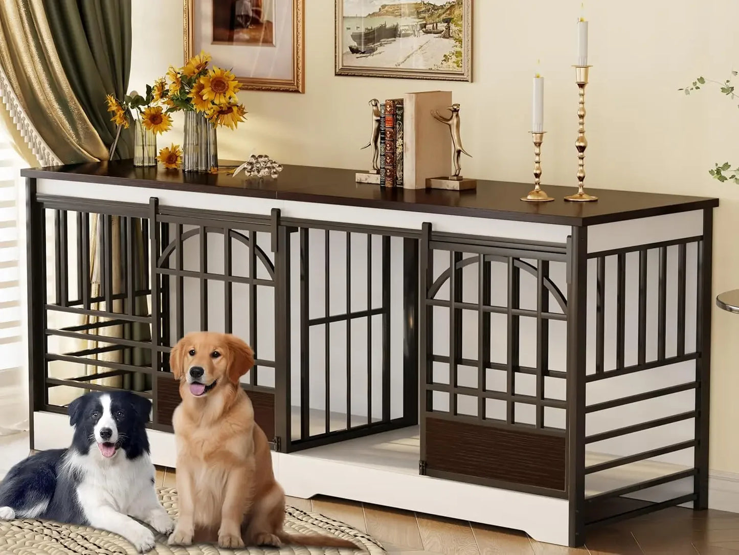 Double Dog Crate Furniture, Extra Large Dog Kennel Indoor with Divider, Heavy Duty Dog Cage for 2 Dogs, Decorative