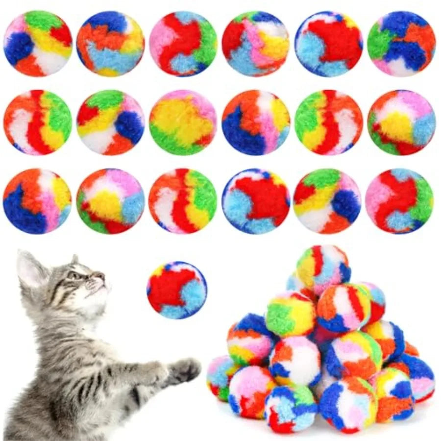 Rainbow Cat Pom Pom Balls 60 Pack Soft Plush Kitten Toy