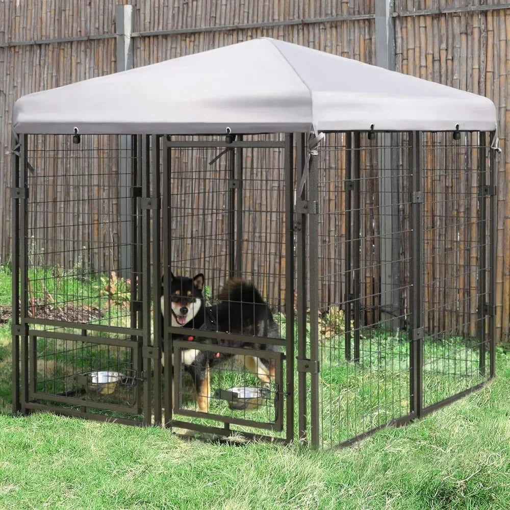 Outdoor Metal Dog Kennel With Roof And Rotating Feeding Door