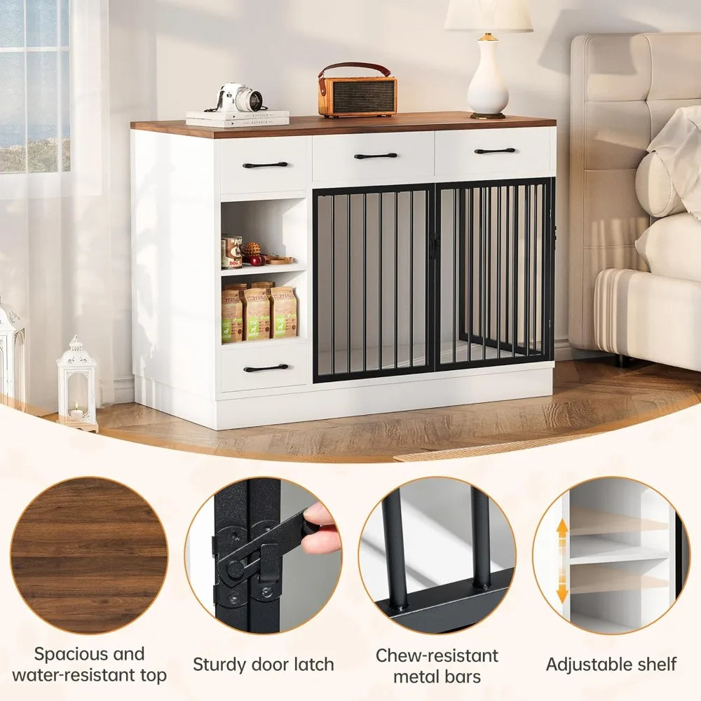 Large Wooden Dog Crate With 3 Drawers And Hidden Feeder