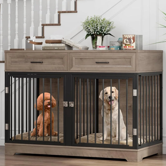 Wooden Dog Crate Furniture 47 Inch Indoor Kennel Drawers