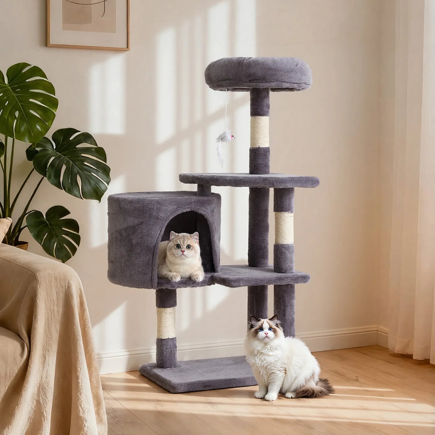 37in Cat Tree Tower for Indoor Cats, Cat Furniture Activity Center with Sisal Scratching Post, Large Condo, Plush Toy for Kitten