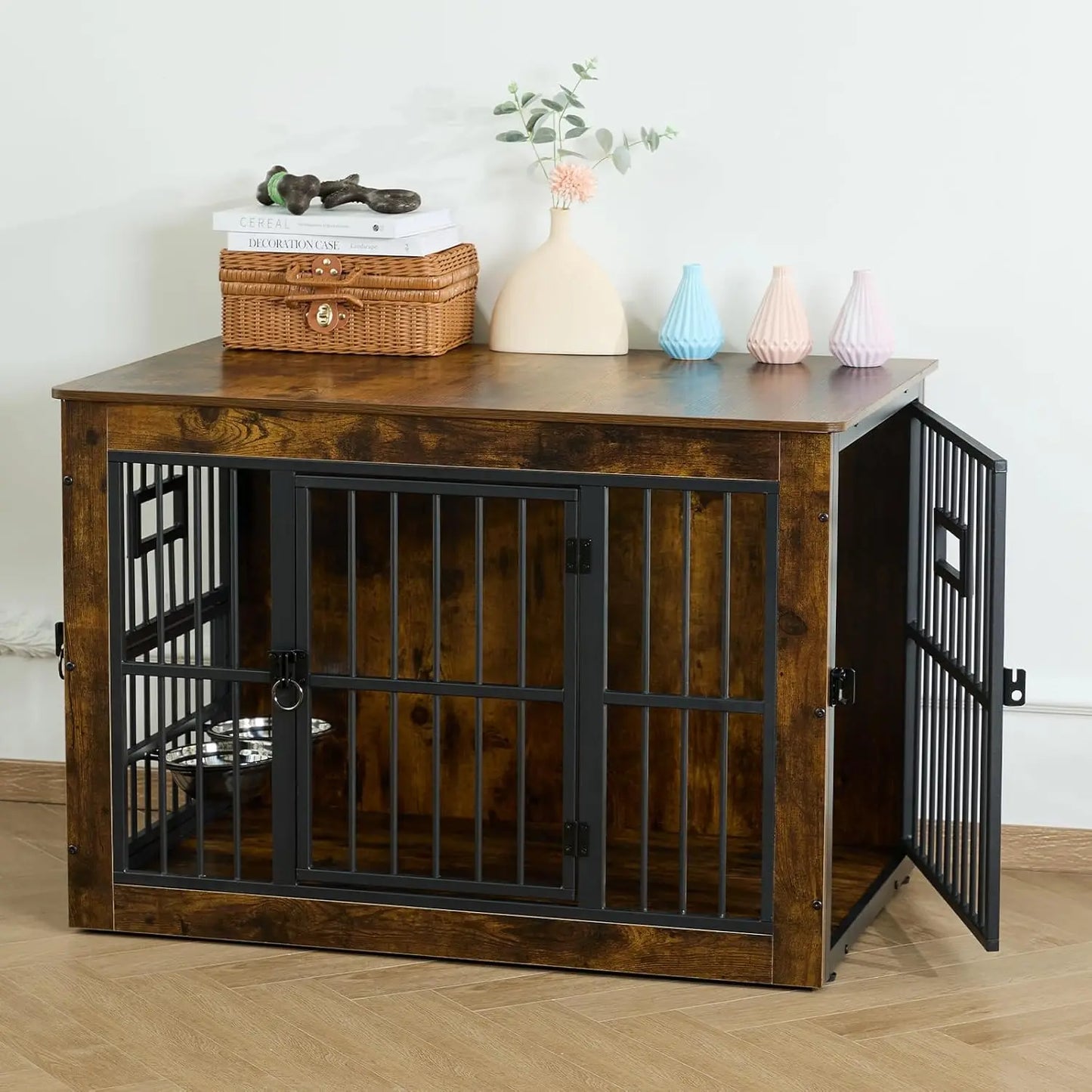 27 Inch Heavy Duty Dog Crate Furniture, Decorative Pet House End Table with 3 Doors & Adjustable Bowls, Rustic Grey Kennel