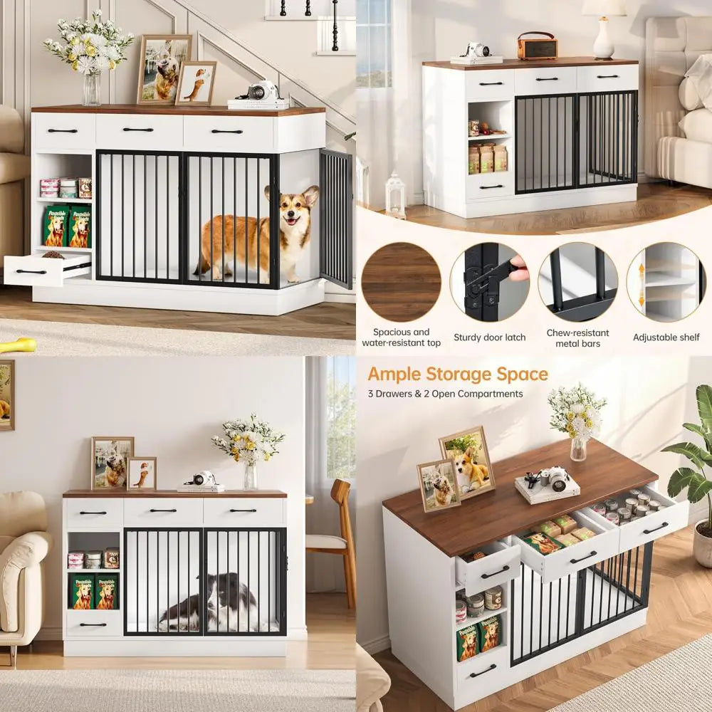 Large Wooden Dog Crate With 3 Drawers And Hidden Feeder