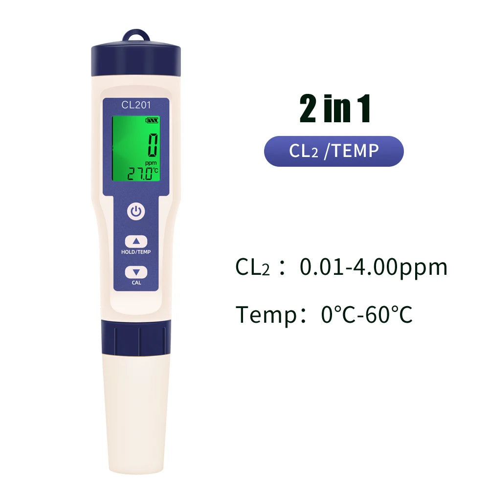 PH/CL2/H2/ORP/Temperature Meter Chlorine Detector Digital Water Quality Tester for Pools Drinking Water Aquariums Aquaculture