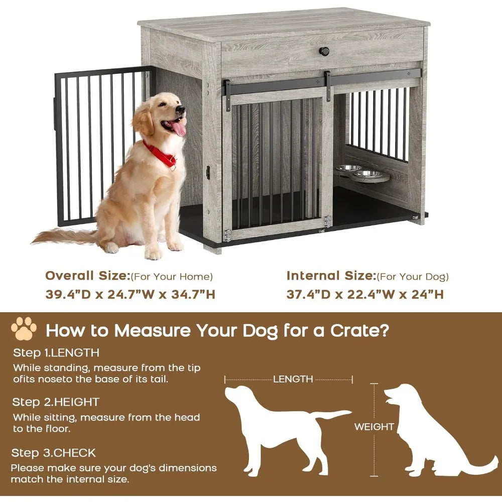 Wooden Storage Drawer Dog Crate With Sliding Door Indoor