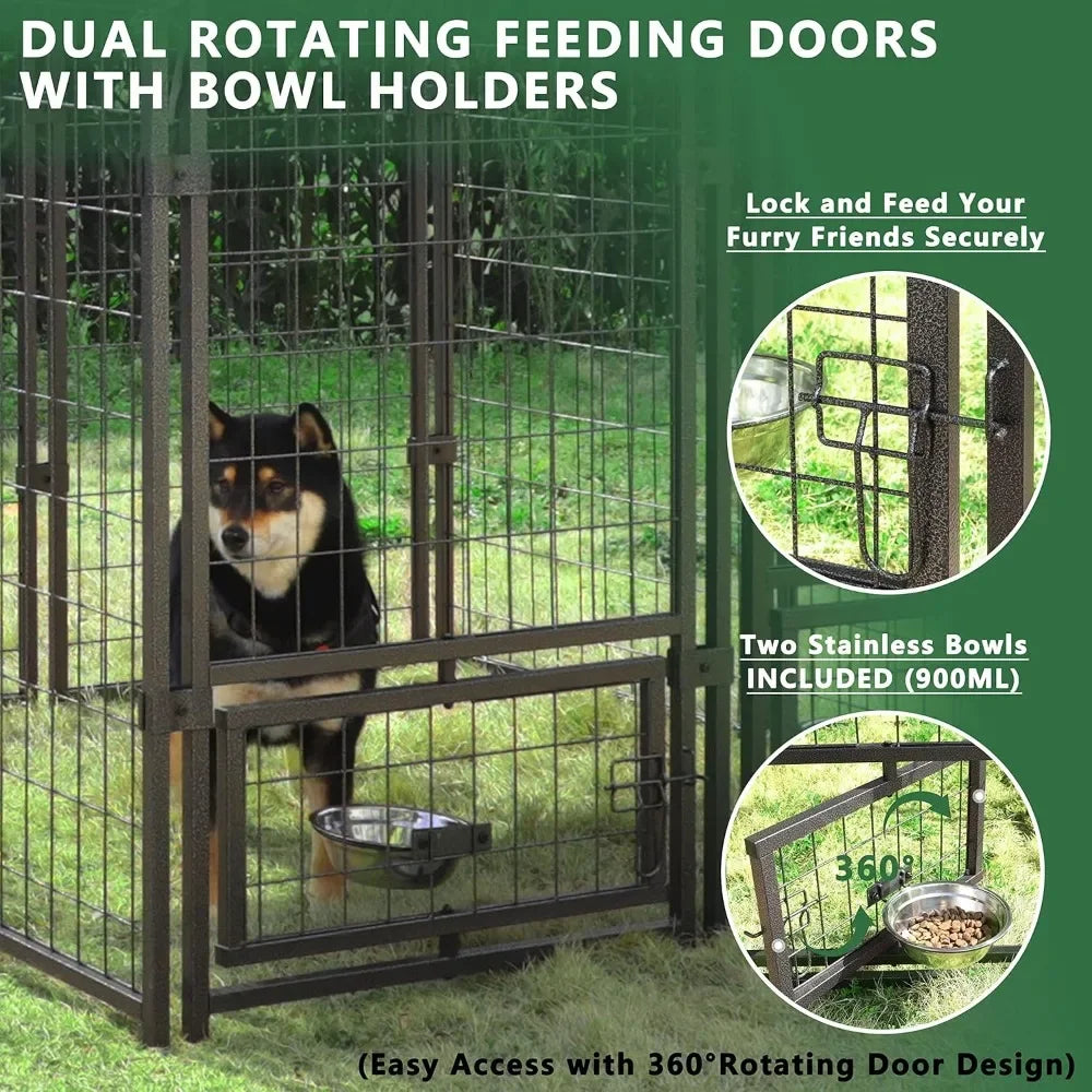Outdoor Metal Dog Kennel With Roof And Rotating Feeding Door