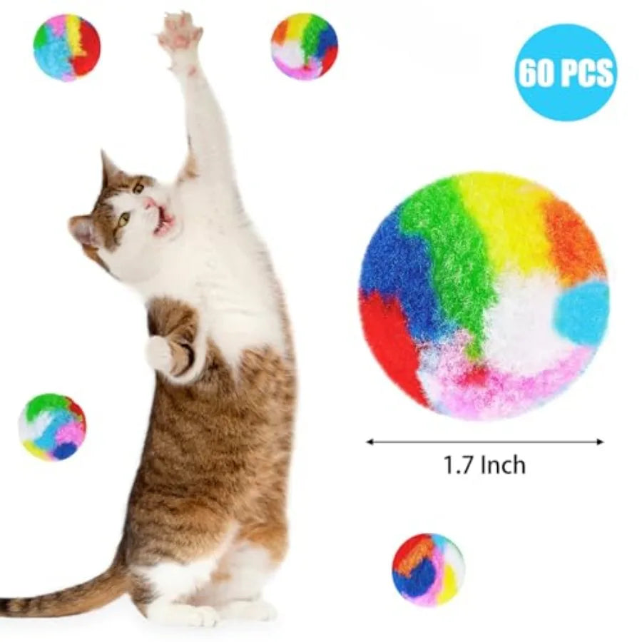 Rainbow Cat Pom Pom Balls 60 Pack Soft Plush Kitten Toy