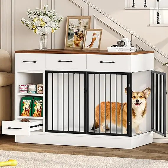 Large Wooden Dog Crate With 3 Drawers And Hidden Feeder