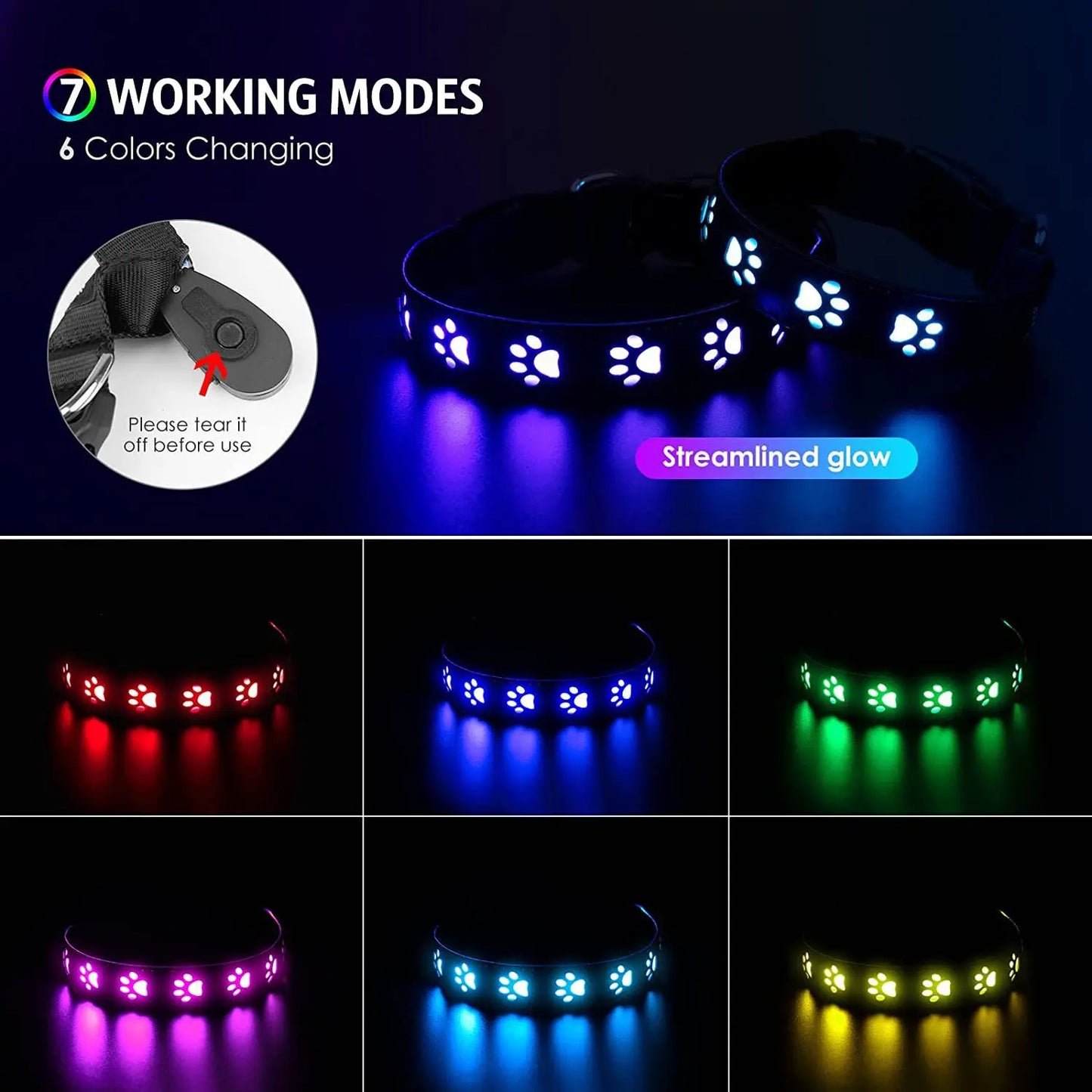 Rechargeable LED Dog Collar Rainproof Nylon 3 Color 6 Modes