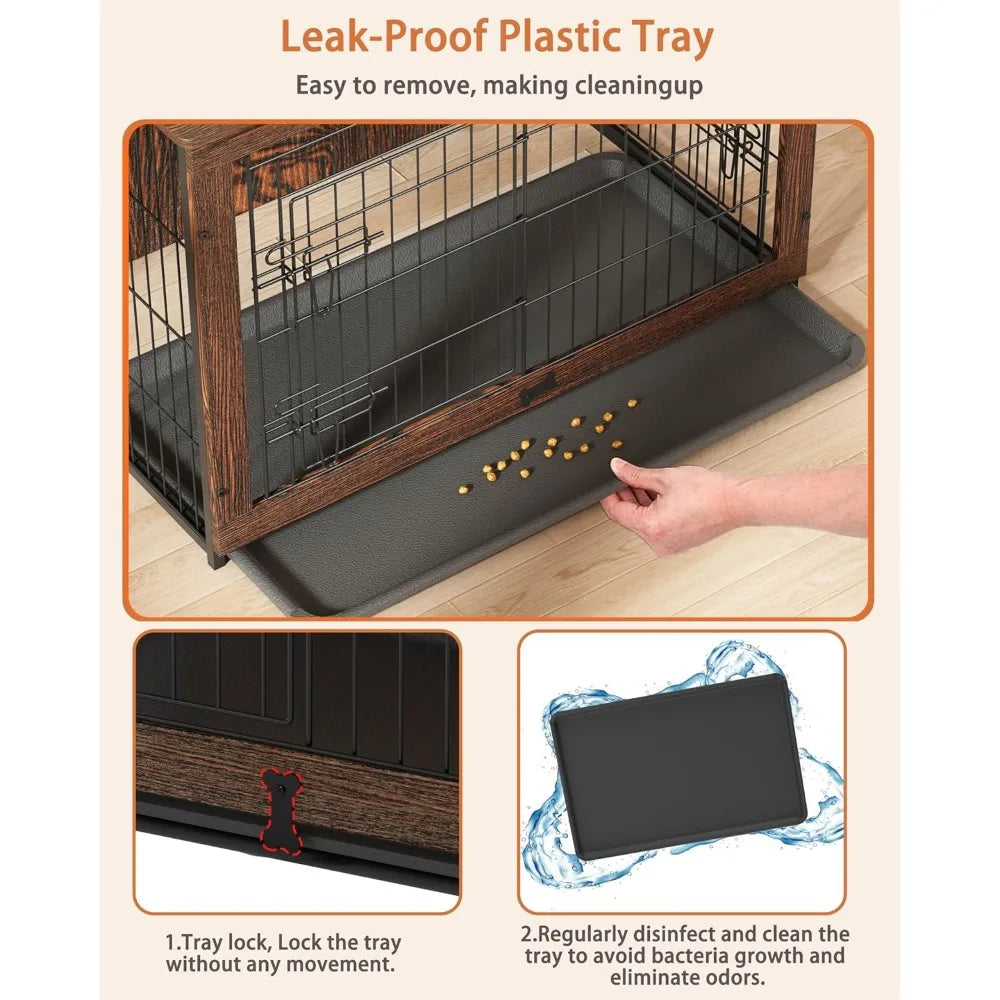 Wooden Dog Crate Furniture with Cushion, Medium Kennel End Table with Tray, Double Doors Indoor Pet House (32" L*22" W*26" H)