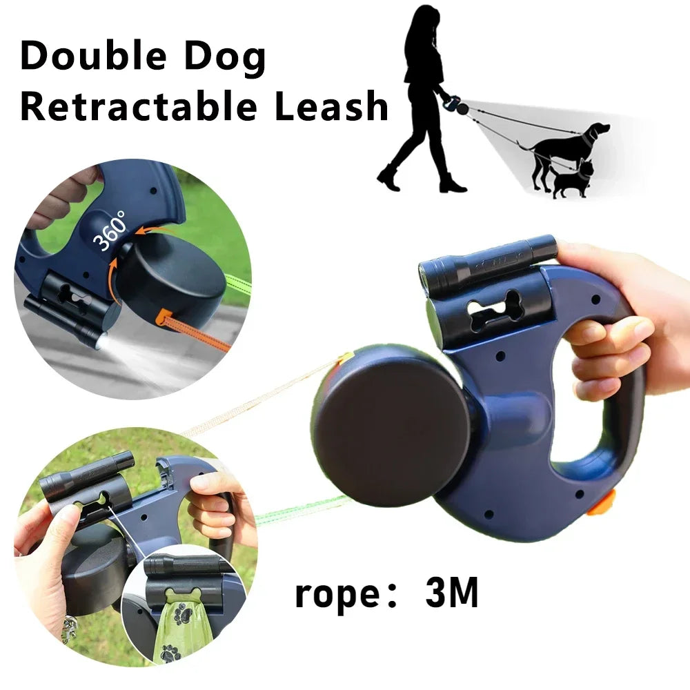 Dual Dog Leash With LED Light Retractable No Tangle Walkers