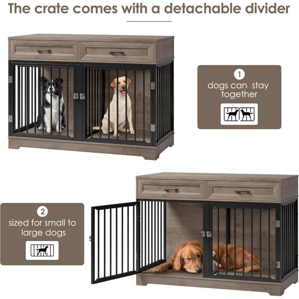 Wooden Dog Crate Furniture 47 Inch Indoor Kennel Drawers