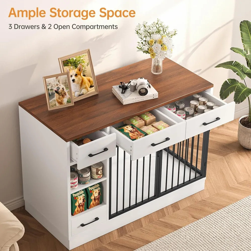 Large Wooden Dog Crate With 3 Drawers And Hidden Feeder