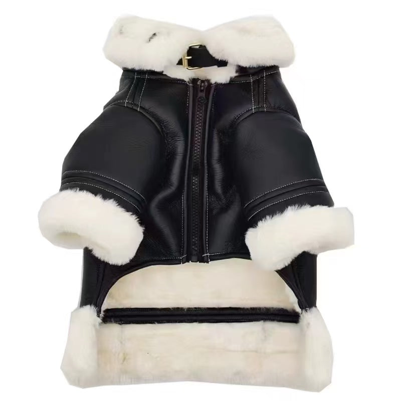 Small Dog Winter Coat | Suitable for Pomeranian, Teddy, Schnauzer - Thickened Motorcycle Style Faux Leather Outer Cover with Fleece, Warm Zipper, Machine Washable