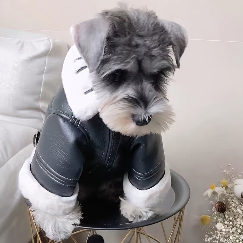 Small Dog Winter Coat | Suitable for Pomeranian, Teddy, Schnauzer - Thickened Motorcycle Style Faux Leather Outer Cover with Fleece, Warm Zipper, Machine Washable