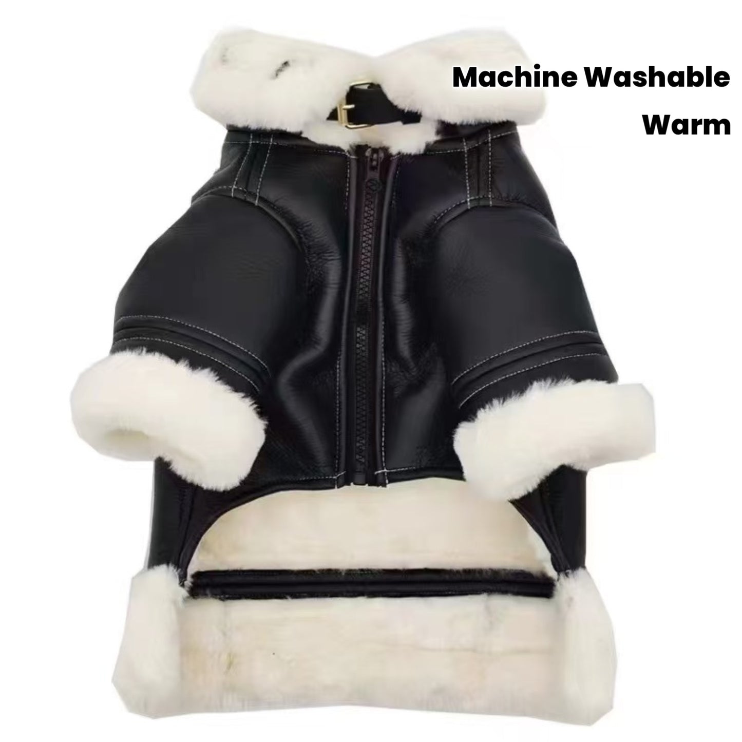 Small Dog Winter Coat | Suitable for Pomeranian, Teddy, Schnauzer - Thickened Motorcycle Style Faux Leather Outer Cover with Fleece, Warm Zipper, Machine Washable