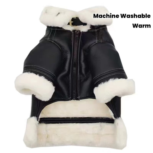 Small Dog Winter Coat | Suitable for Pomeranian, Teddy, Schnauzer - Thickened Motorcycle Style Faux Leather Outer Cover with Fleece, Warm Zipper, Machine Washable