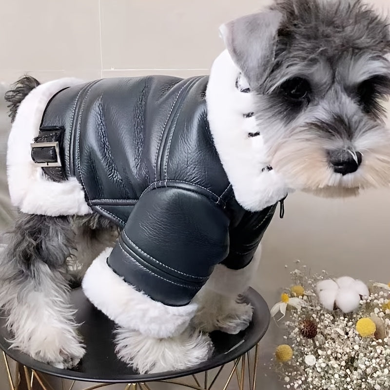 Small Dog Winter Coat | Suitable for Pomeranian, Teddy, Schnauzer - Thickened Motorcycle Style Faux Leather Outer Cover with Fleece, Warm Zipper, Machine Washable