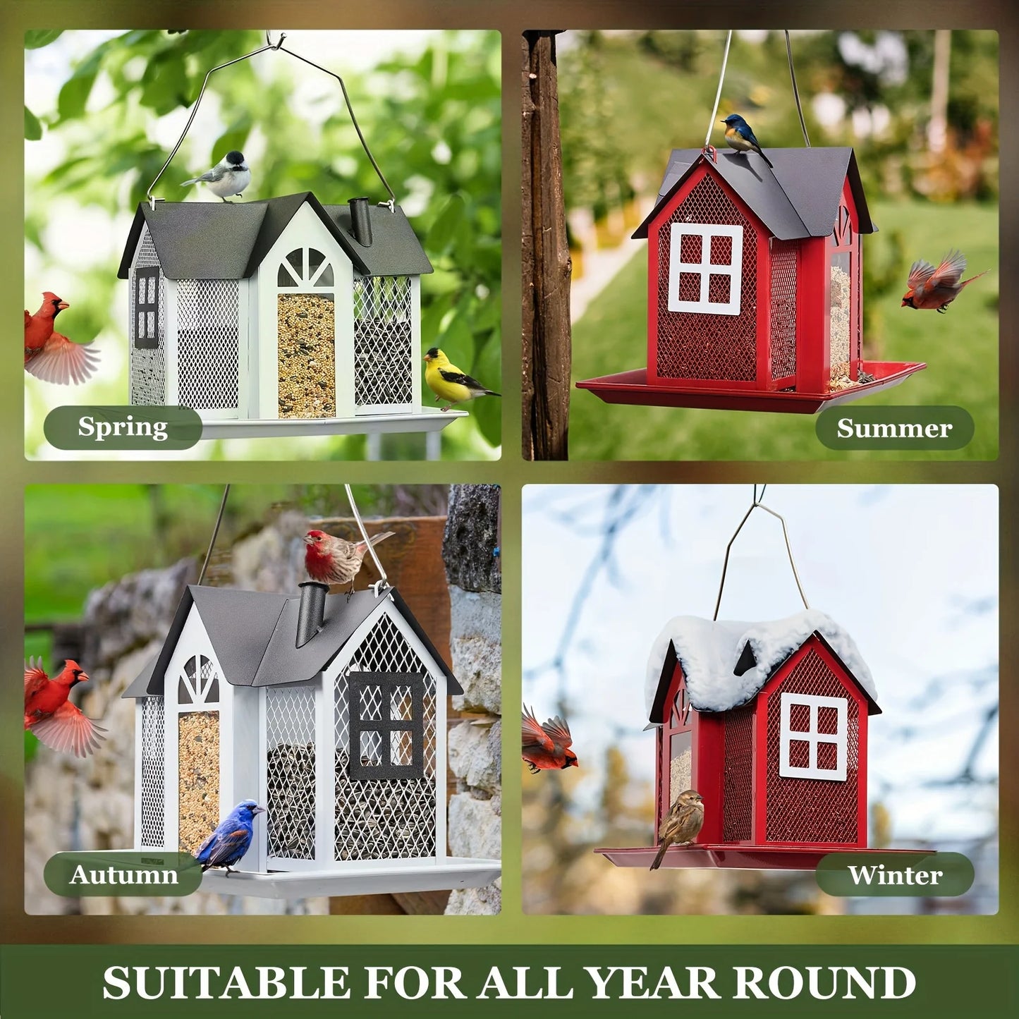 Spacious metal mesh bird feeder with triple compartments. Durable, easy to hang outdoors. Perfect gift for bird lovers.