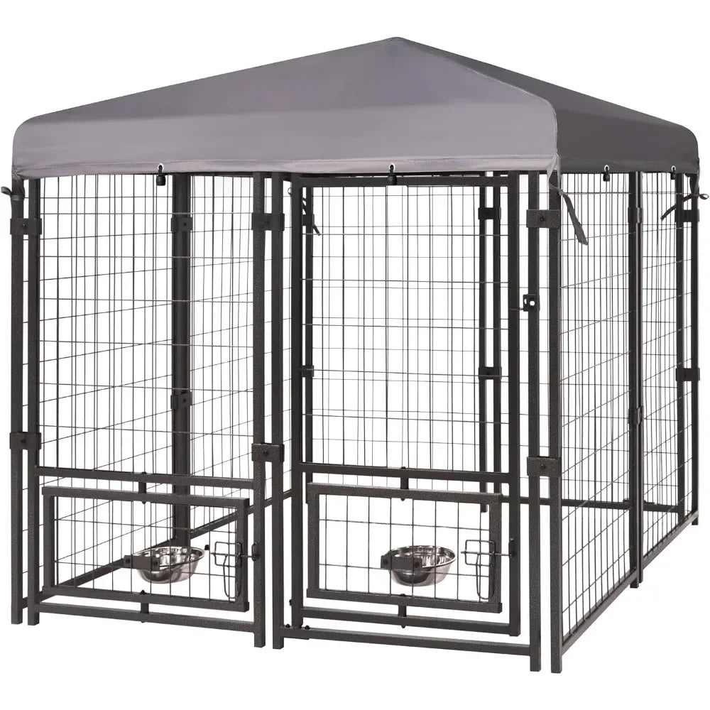 Outdoor Metal Dog Kennel With Roof And Rotating Feeding Door