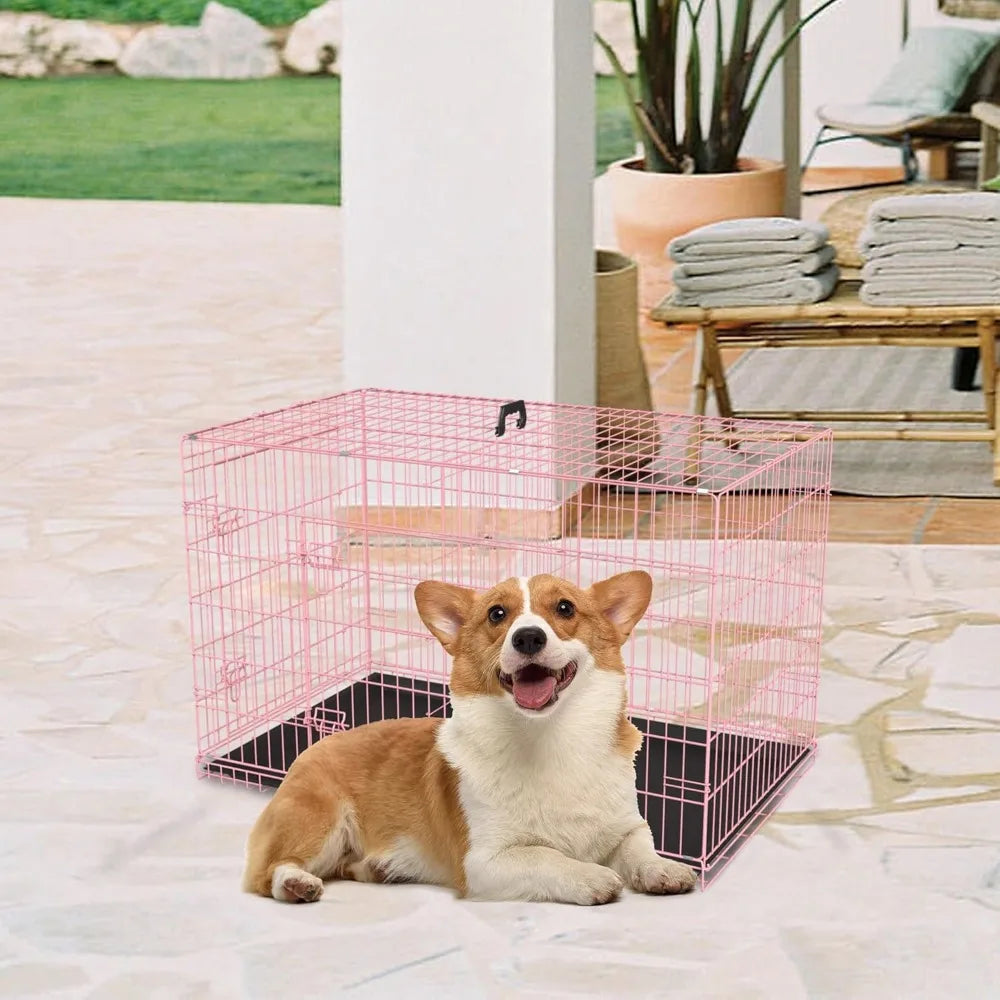 30 Inch Double Door Folding Metal Dog Crate with Removable Tray and Divider for Medium Dogs in Pink