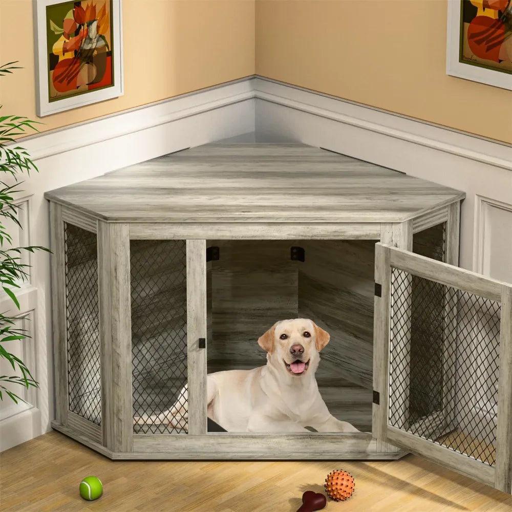 Coner Dog Crate Furniture, 52" Wooden Dog Kennel Furniture End Table with Mesh, Dog Kennel Indoor Furniture for Small Medium