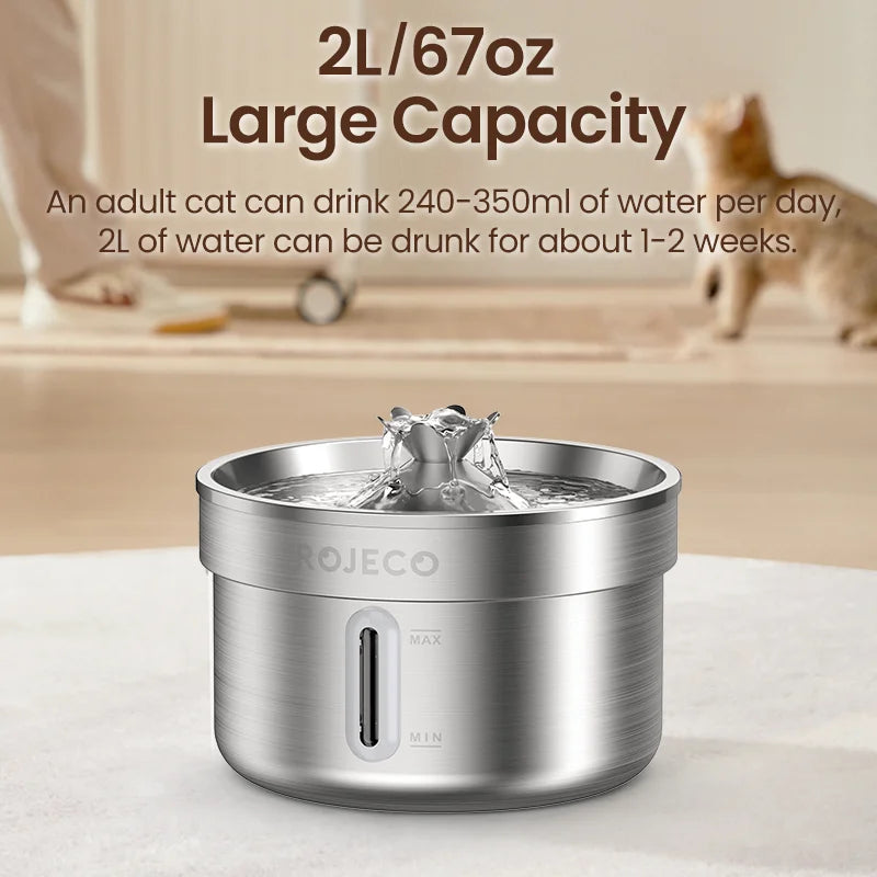 ROJECO Stainless Steel Cat  Water Fountain Automatic Pet Drinking Fountain for Cat Dogs Drinker Rechargeable Pet Water Purifier