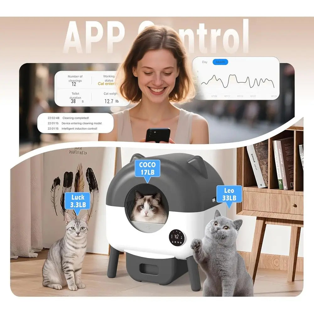 Extra Large Smart Cat Litter Box S7 - Self-Cleaning, App-Controlled, Low Noise, Washable with 40 Trash Bags