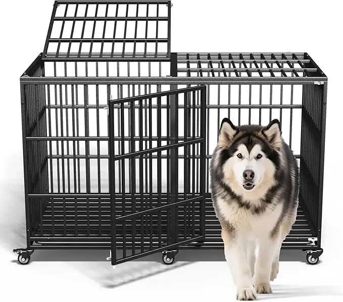 64" Heavy Duty Dog Crate Indestructible Dog Pet Kennel Cage for Extra Large Giant Breeds Double Doors Locakable Wheels High Anxi