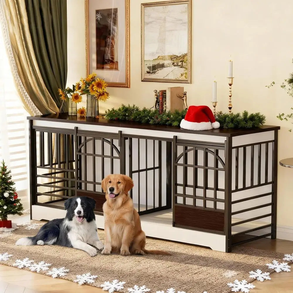 Large 78 Dog Crate with Divider, Heavy Duty Indoor Kennel for Two Dogs, Decorative Wood Dog House, TV Stand, White
