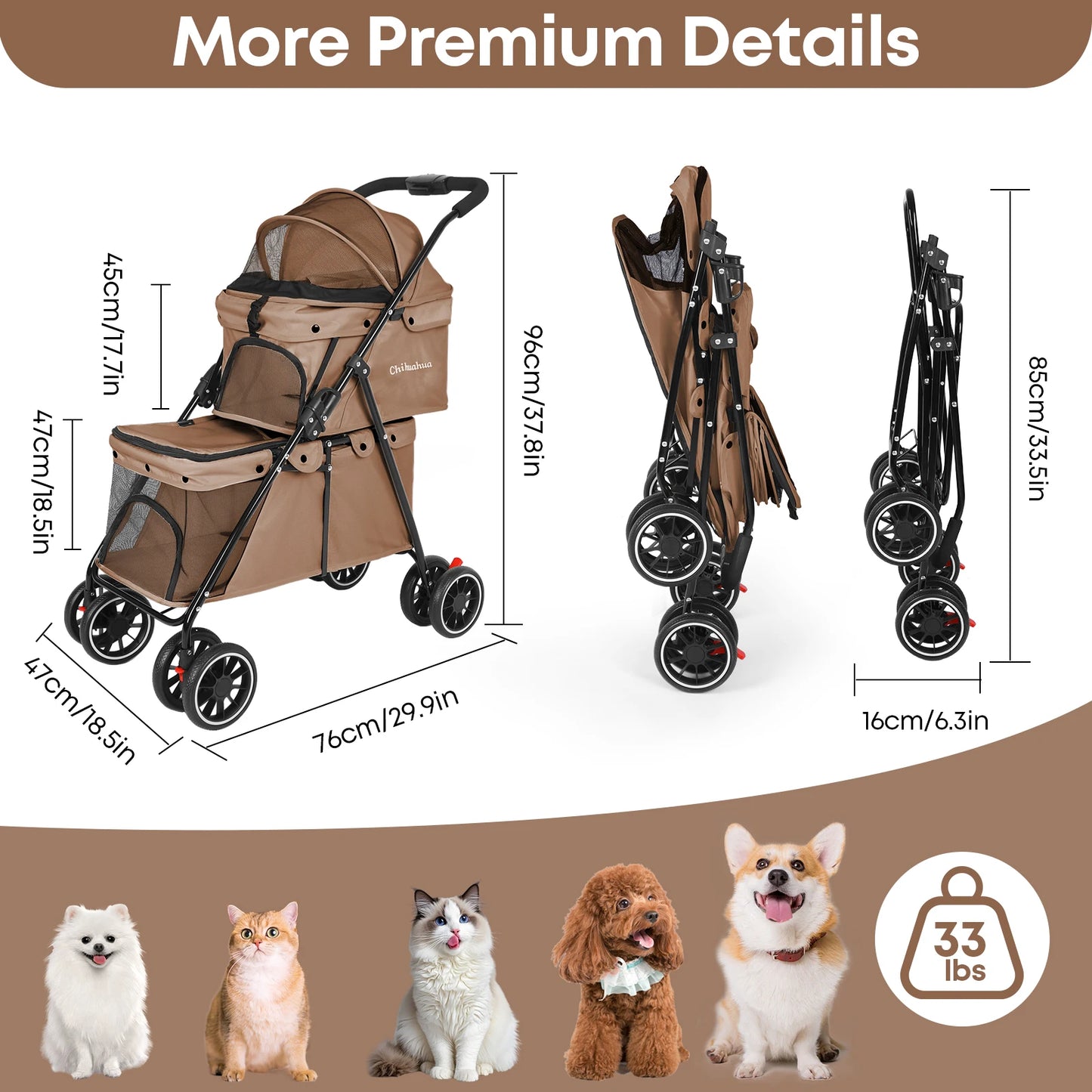 Foldable Double Pet Stroller Travel Carriage with Detachable Carriers Safety Belts for Small to Medium Dogs And Cats