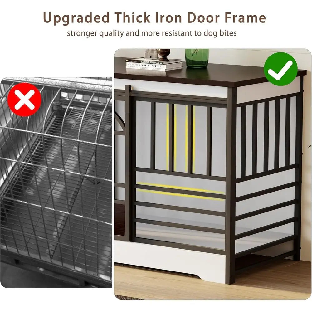 Large 78 Dog Crate with Divider, Heavy Duty Indoor Kennel for Two Dogs, Decorative Wood Dog House, TV Stand, White