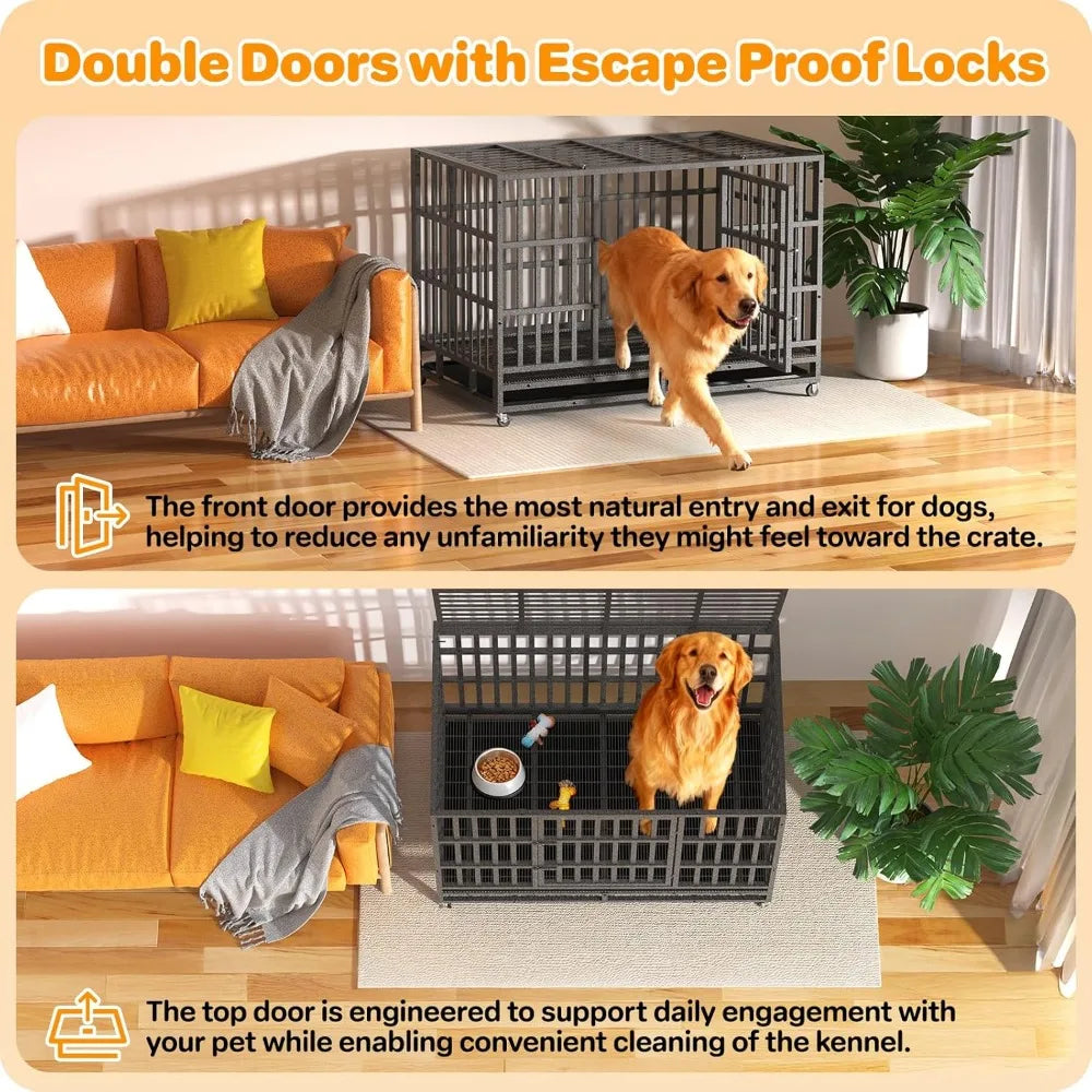 Heavy Duty Indestructible Dog Crate 48 Inch with Removable Tray, Escape Proof Double Door Cage for Large Dogs, Wheels Included