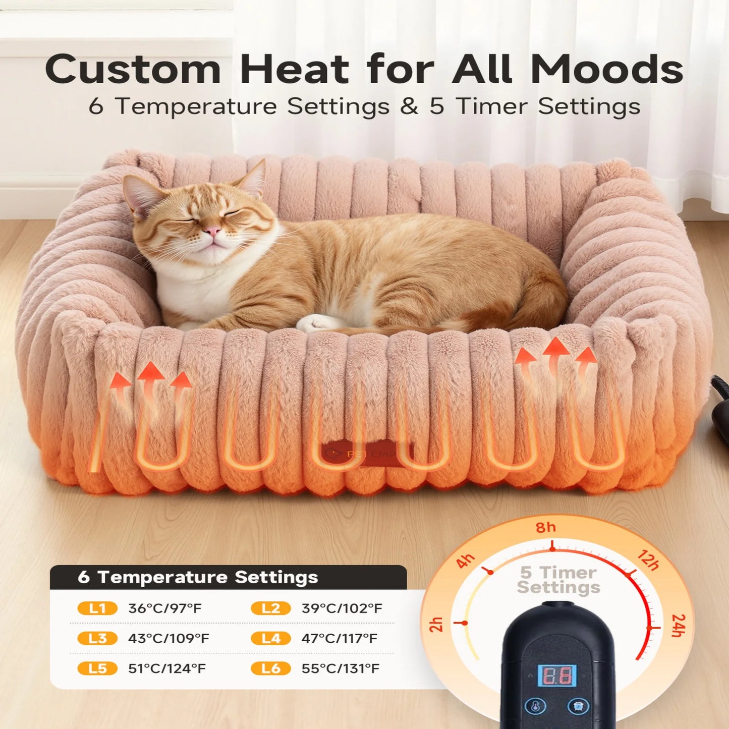 S/M Cat Pet Bed Indoor, Cat Bed, Fluffy Cat Couch with 6 Temperature & 5 Timer Settings & Safety Protection for Cats Dogs Puppy