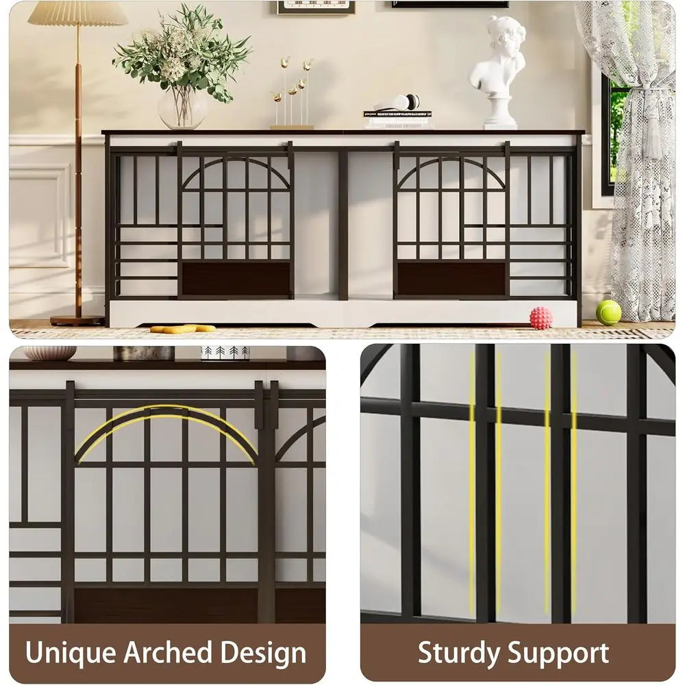 Large 78 Dog Crate with Divider, Heavy Duty Indoor Kennel for Two Dogs, Decorative Wood Dog House, TV Stand, White