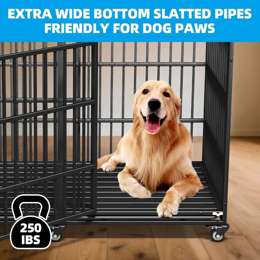 64" Heavy Duty Dog Crate Indestructible Dog Pet Kennel Cage for Extra Large Giant Breeds Double Doors Locakable Wheels High Anxi