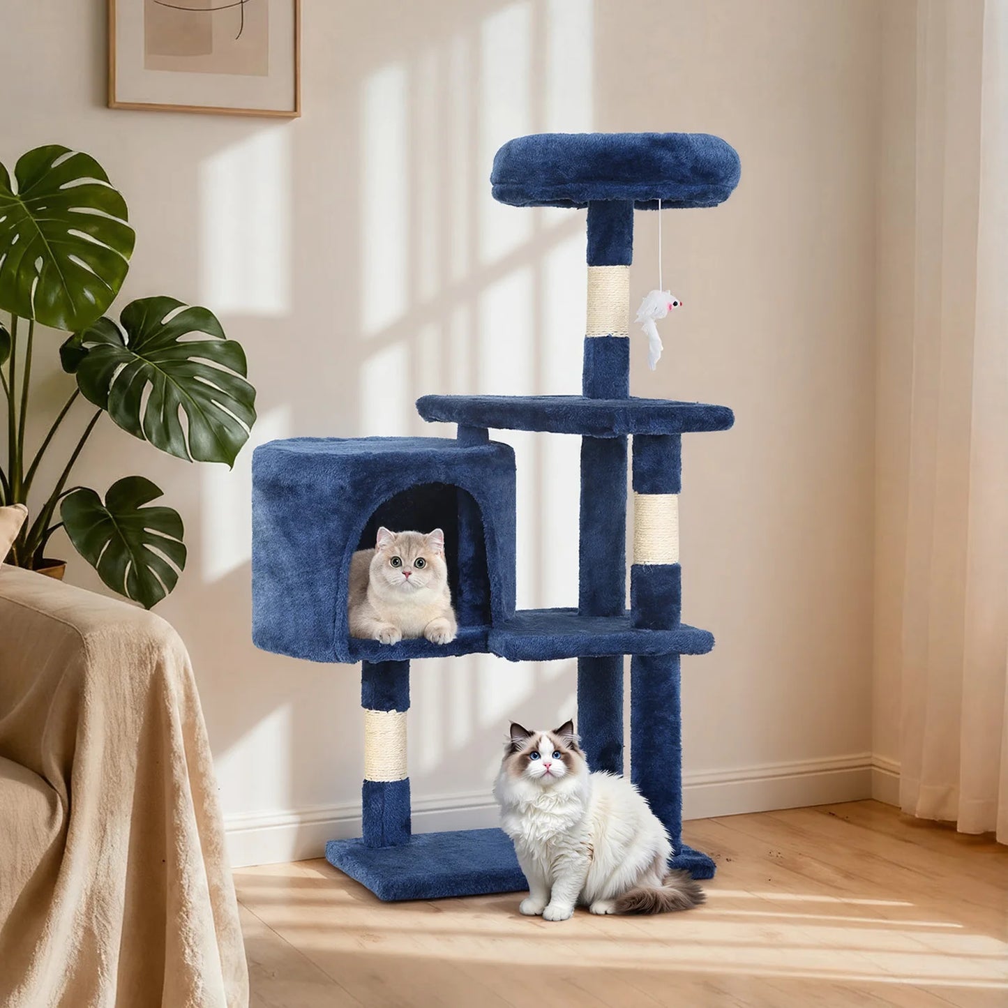 37in Cat Tree Tower for Indoor Cats, Cat Furniture Activity Center with Sisal Scratching Post, Large Condo, Plush Toy for Kitten