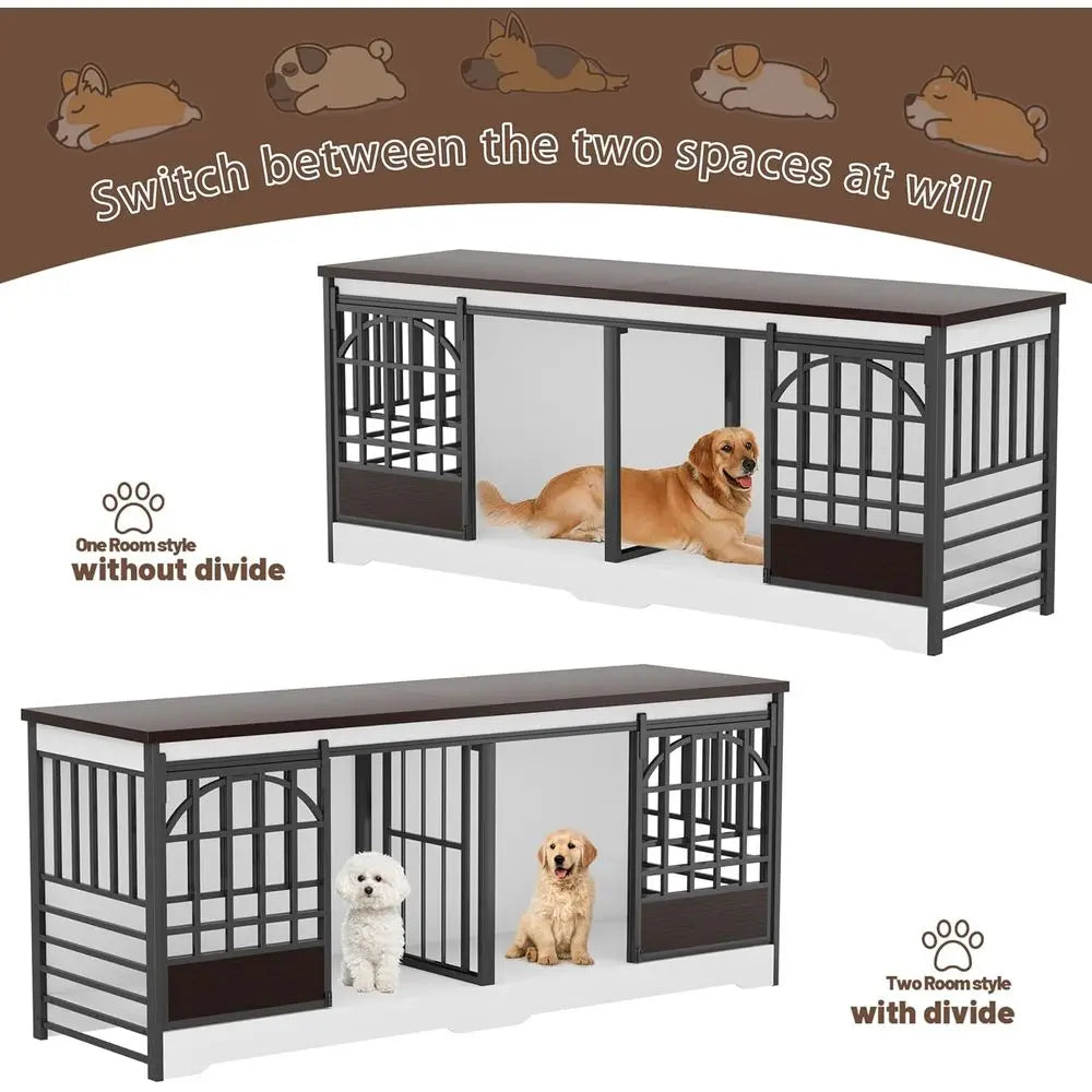 Large 78 Dog Crate with Divider, Heavy Duty Indoor Kennel for Two Dogs, Decorative Wood Dog House, TV Stand, White