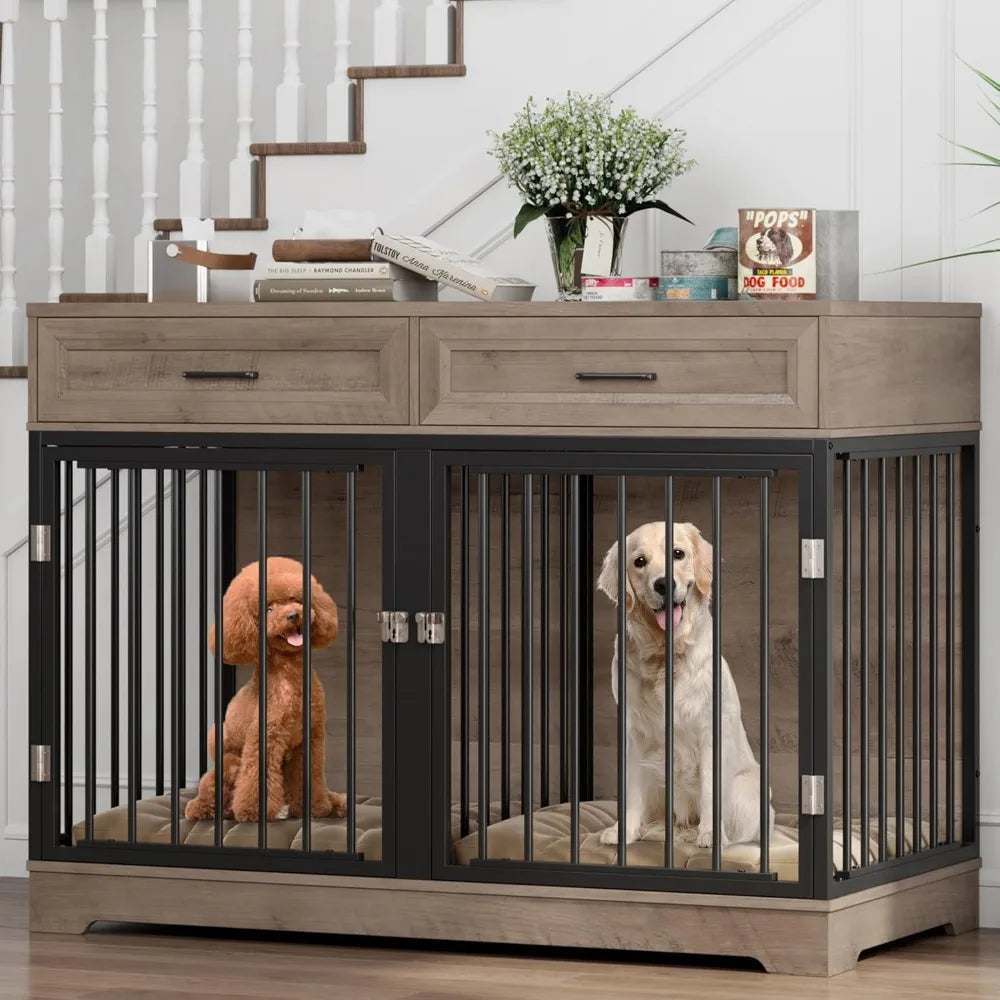 Wooden Dog Crate Furniture 47 Inch Indoor Kennel Drawers