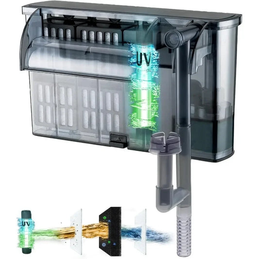 Large Hang on Back Aquarium Filter with 264GPH Flow Rate for 4075 Gallon Fish Tanks Features UV Light Surface Skimmer 13Stage F