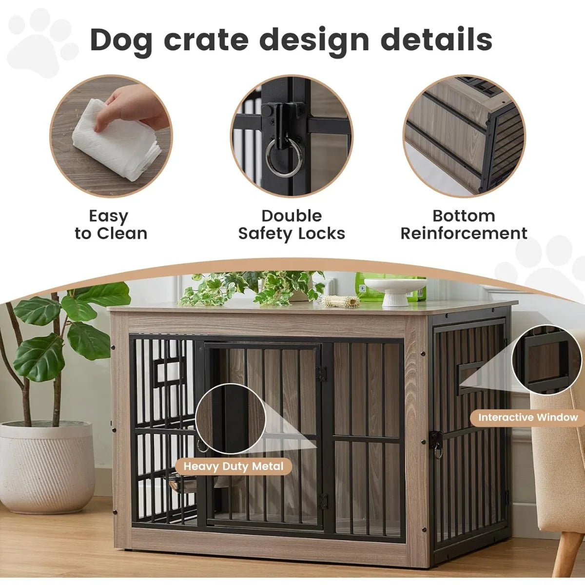 27 Inch Heavy Duty Dog Crate Furniture, Decorative Pet House End Table with 3 Doors & Adjustable Bowls, Rustic Grey Kennel