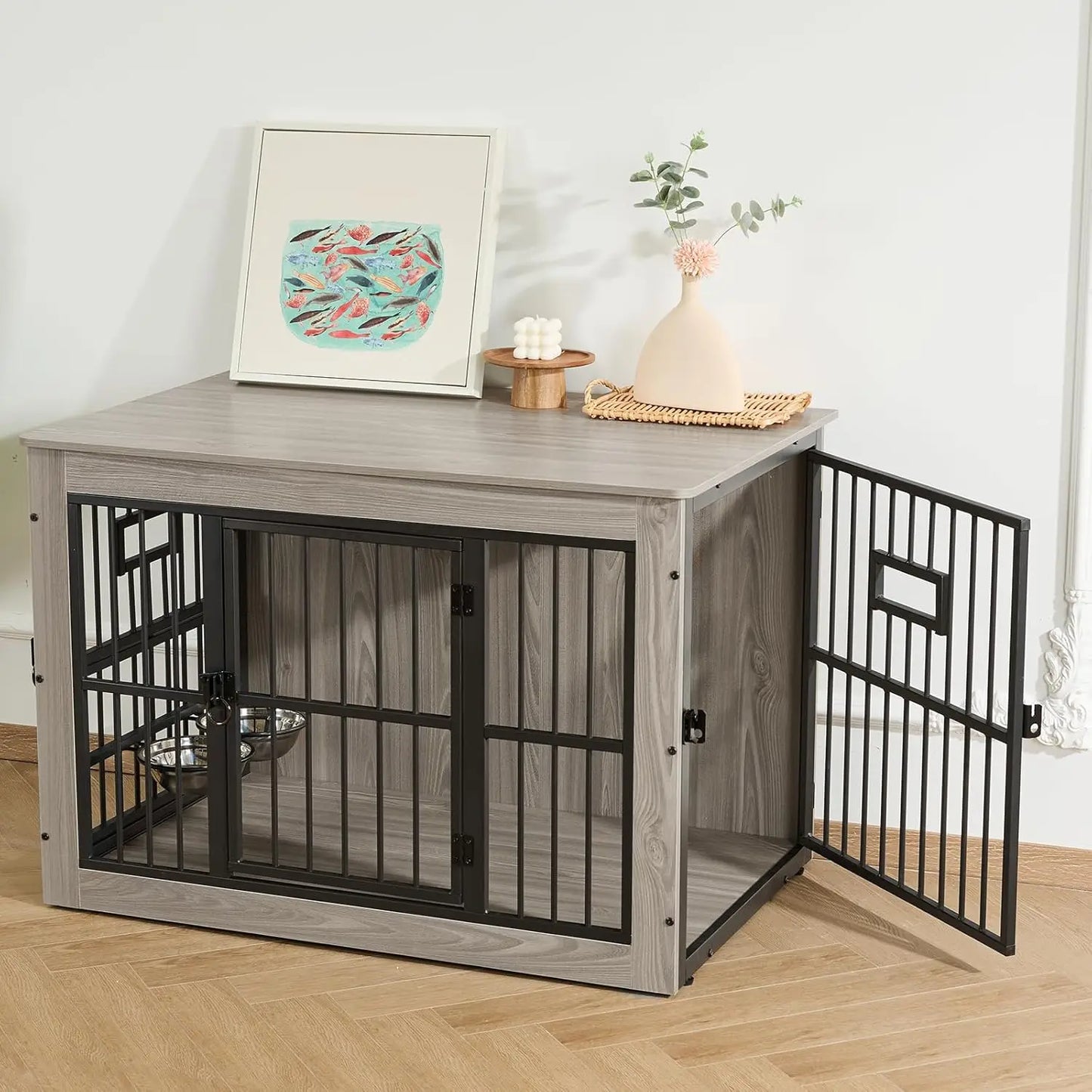 27 Inch Heavy Duty Dog Crate Furniture, Decorative Pet House End Table with 3 Doors & Adjustable Bowls, Rustic Grey Kennel