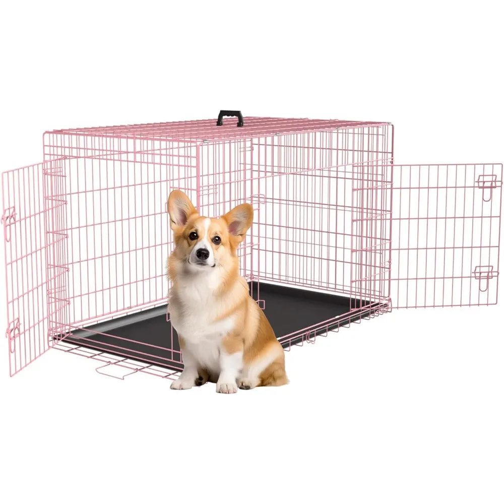 30 Inch Double Door Folding Metal Dog Crate with Removable Tray and Divider for Medium Dogs in Pink