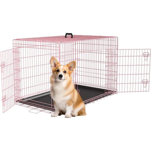 30 Inch Double Door Folding Metal Dog Crate with Removable Tray and Divider for Medium Dogs in Pink