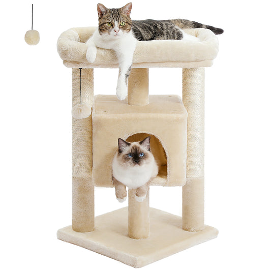 Small Cat Tree Tower with Natural Sisal Scratching Posts Soft Top Perch and Plush Pom-pom Cozy Cat Condo Bed for Indoor Cat Toys