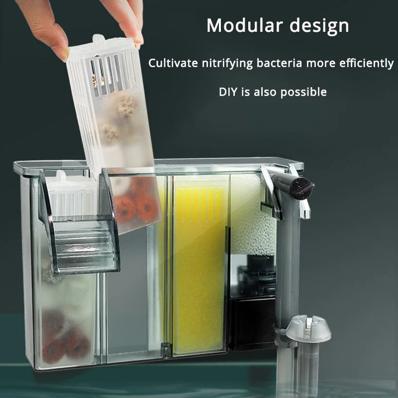 Small Medium Aquarium Waterfall Wall Mounted Filtration Filter Modular Filter Cartridges Adjustable Flow Waterfall Oxygenation