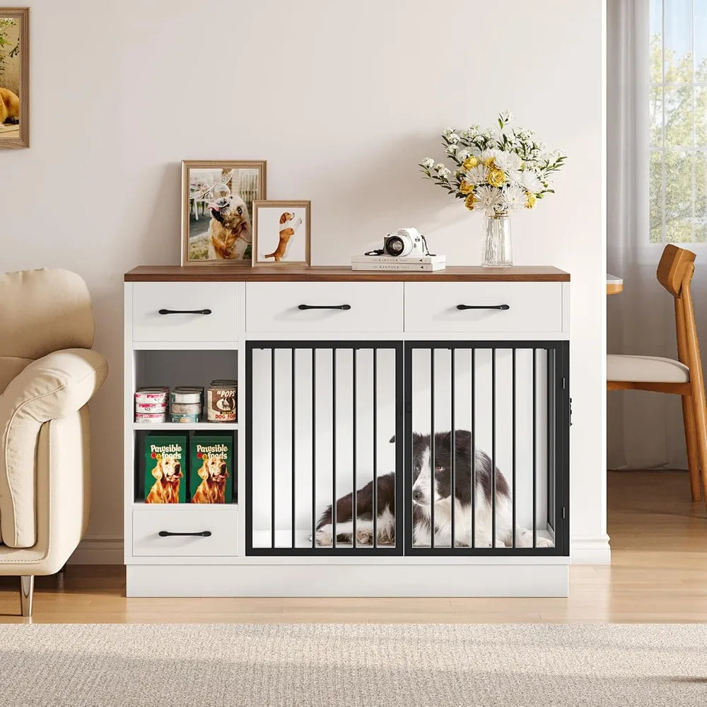 Large Wooden Dog Crate With 3 Drawers And Hidden Feeder